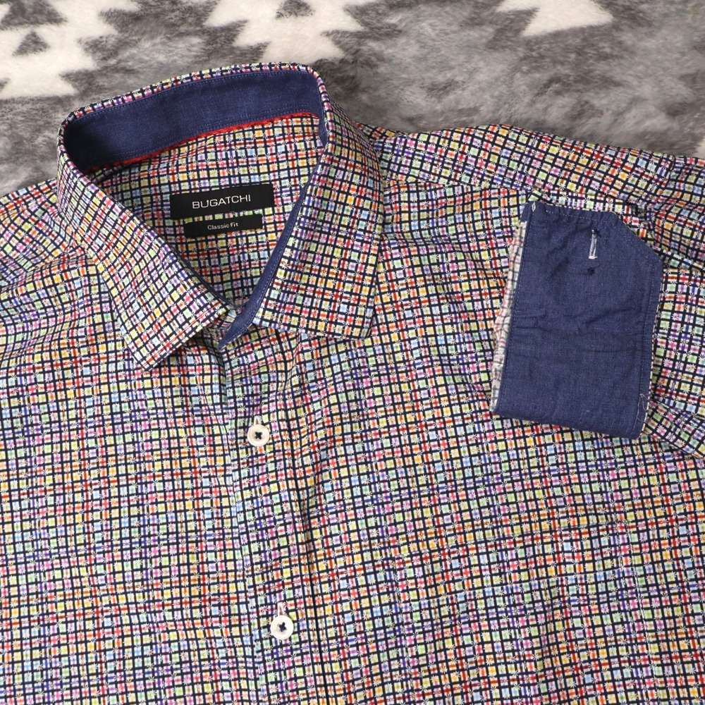 Bugatchi Mens XL Classic Fit Multicolor Check Floral Cotton Button Down Shirt